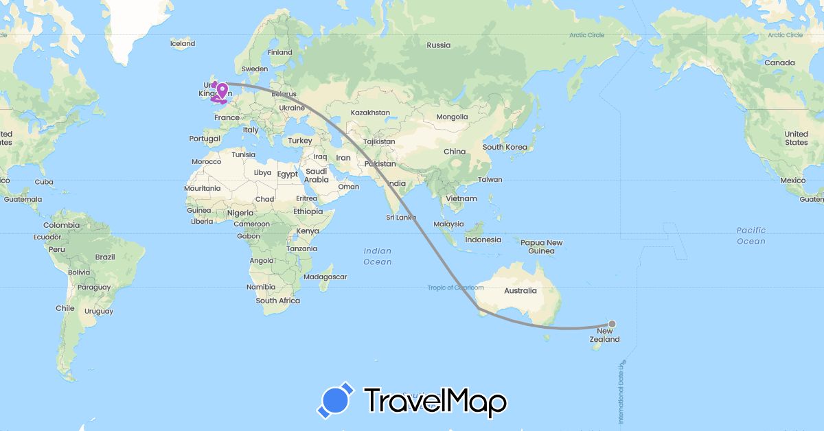 TravelMap itinerary: driving, plane, train in Australia, United Kingdom, New Zealand (Europe, Oceania)